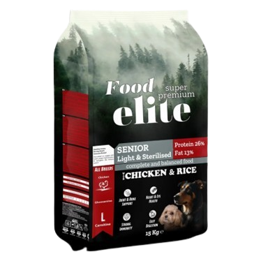 "Food Elite Super Premium Light & Sterilized 15kg - Ξηρά τροφή για ηλικιωμένους και στειρωμένους σκύλους με κοτόπουλο και ρύζι"