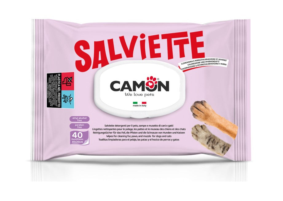 Camon Μαντηλάκια Καθαρισμού 40τεμ - Υγρά μαντηλάκια για σκύλους και γάτες με άρωμα σμύρνας
